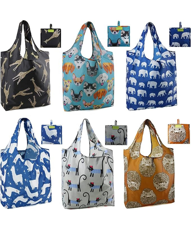 BeeGreen Shopping Bags Cloth Grocery Bags Foldable Travel Bag Tote Bags Bulk - Reusable Gift Bags with Handles (6 Pack) - Heavy Duty Large Washable Animal Holiday Design for Women Travel & Groceries