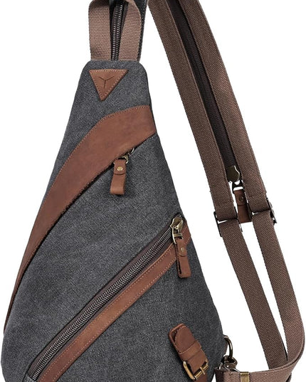 KL928 Canvas Sling Bag for Men Women, Genuine Leather Design Shoulder Crossbody Bags Backpacks Travel Daypack with Earphone Hole Rucksack, Black