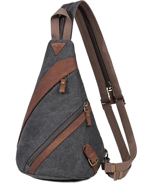 KL928 Canvas Sling Bag for Men Women, Genuine Leather Design Shoulder Crossbody Bags Backpacks Travel Daypack with Earphone Hole Rucksack, Black