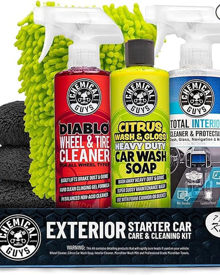 Chemical Guys Car Cleaning Kit - With Car Wash Soap, Wheel Cleaner, Total Interior, Car Wash Mitt - Interior and Exterior Wash Kit With Vehicle Cleaning and Detailing Accessories - 7 Item Kit