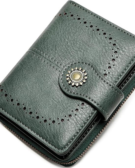 TFKGS Small Womens Wallet Leather RFID Blocking Bifold Compact Card Holder Ladies Zipper Accordion Pocket with ID Window Green
