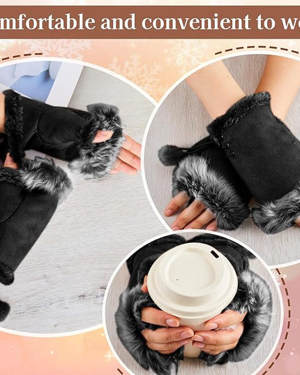 SATINIOR Women Fur Fingerless Gloves Winter Rabbit Fur Lined Half Finger Mittens for Women Girls Teen Working Writing