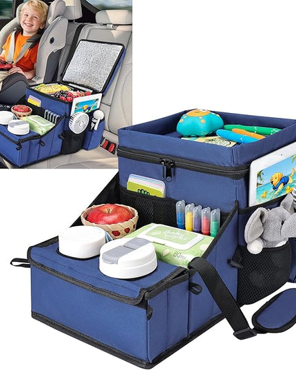 COOLBEBE Car Seat Organizer, Backseat Car Organizer with Cup Holders for Kids and Adults Travel, Cooler Compartment Passenger Seat Organizer Storage Box for Front or Middle Seat, Navy Blue