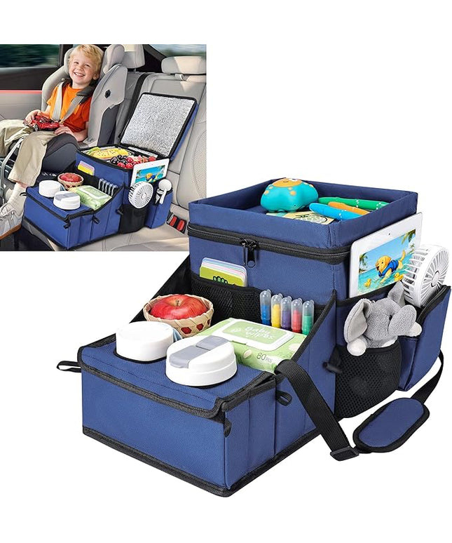 COOLBEBE Car Seat Organizer, Backseat Car Organizer with Cup Holders for Kids and Adults Travel, Cooler Compartment Passenger Seat Organizer Storage Box for Front or Middle Seat, Navy Blue