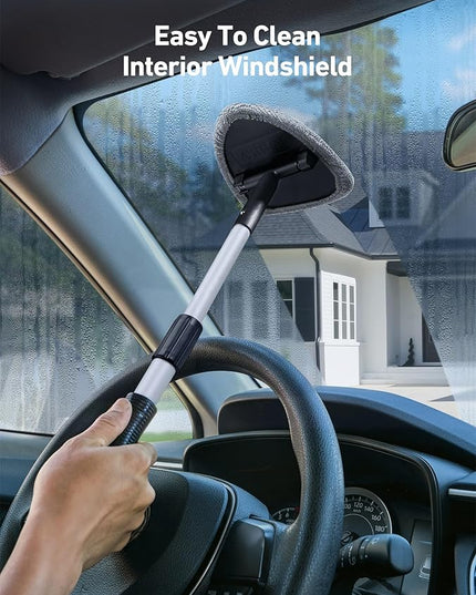 AstroAI Windshield Cleaner Tool, Car Interior Window Detailing Cleaning Kit with Extendable Handle and 4 Easy-to-Install Reusable Microfiber Pads, Auto Glass Wiper Brush Kit for Car&Home, Gray, 21in
