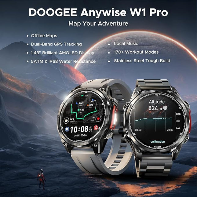 DOOGEE Anywise W1 Pro Mens Smart Watch, 5ATM Dual-Band GPS Offline Maps,1.43'' Fitness Smartwatches for Android Phone/iPhone Compatible,170+ Sports Modes, Answer/Make Calls/18 Days Battery/2 Strap