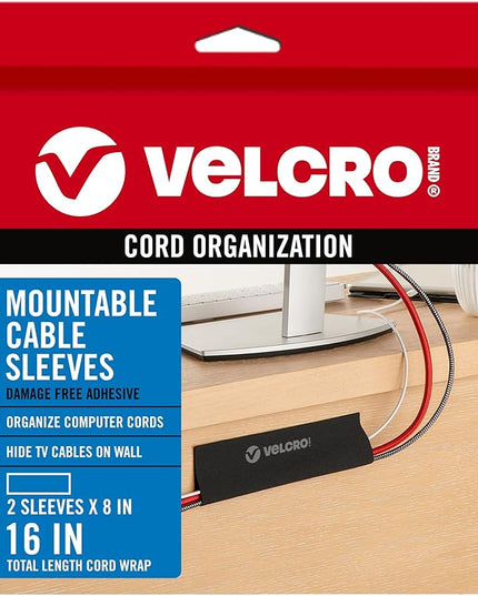 VELCRO Brand Mountable Cable Sleeve | Cord Management Mounts on Walls, Desk or Entertainment Center | Removable Adhesive is Damage Free | 8in Black, 2pk, 8in - 2Pk