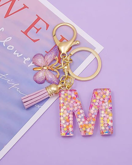 Fashion Alphabet Initial Letter Keychain Tassel Butterfly Pendant Key Ring for Purse Handbags Women Girl