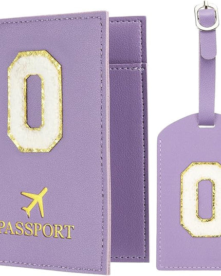 PATIKIL Passport Holder for Travel, Initial Passport Cover and Luggage Tag Set with Alphabet Chenille Letter Patch Travel Wallet Bag Suitcase Identifier for Women Family Travel Purple O