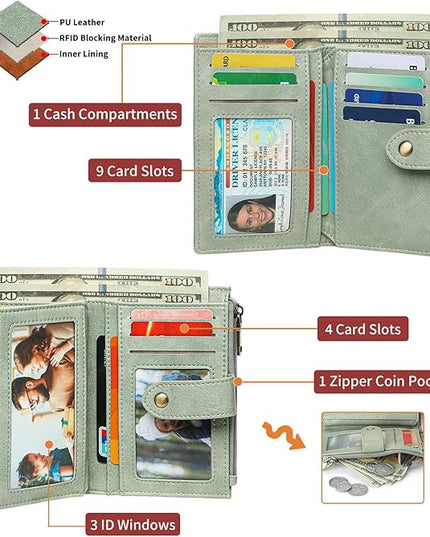 FALAN MULE Small Wallet for Women RIFD Leather Bifold Credit Card Holder with 3 ID Window