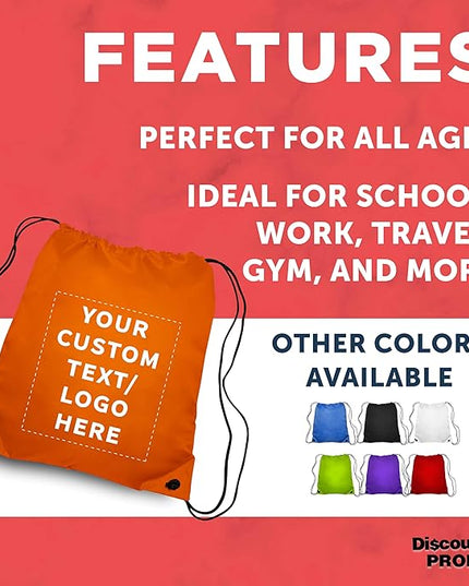 DISCOUNT PROMOS Custom Classic Polyester Drawstring Bagpack Set of 10/50/100, Personalized Bulk Pack - Great for Travelling, Gym and for Everyday Use - Orange