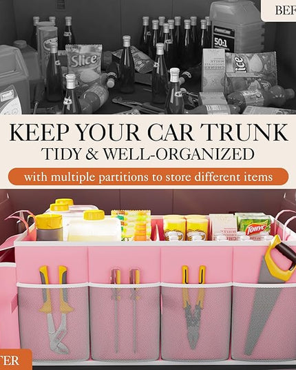 HOTOR Foldable Trunk Organizer for SUVs & Sedans, Pink, 2 Compartments, 21.3"12.6"10.6