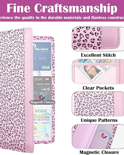 Car Registration and Insurance Holder with Magnetic Closure, Universal Document Organizer for License, Insurance Cards & Glove Box Storage (Leopard-Pink)