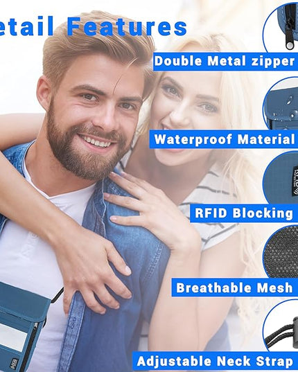 Travel Neck Wallet with RFID Blocking – Passport Holder Organizer Neck Pouch – Portable Easy to Conceal Travel Pouch (PVC Dark Blue)