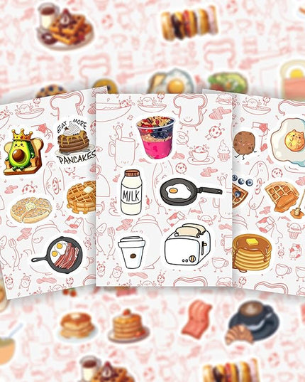 BulbaCraft Cute Breakfast Food Stickers for Scrapbooking, Water Bottle & Laptop - Breakfast Party Supplies & Decorations, Kawaii Food Stickers, Waterproof Vinyl Decals, Gifts for Women & Men