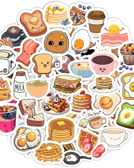 BulbaCraft Cute Breakfast Food Stickers for Scrapbooking, Water Bottle & Laptop - Breakfast Party Supplies & Decorations, Kawaii Food Stickers, Waterproof Vinyl Decals, Gifts for Women & Men