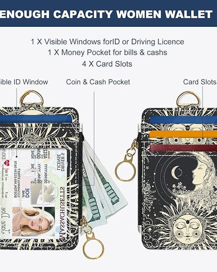 Slim Wallet Credit Card Holder, Sun and Moon FaceX, RFID Wallet Women Cute Small Front Pocket Wallet With Zipper, PU Leather Thin travel RFID Blocking Card Case ID Window,Ladies Gifts