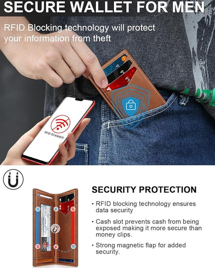 ZALVEX Wallet for Men Slim Leather Wallets for 12-15 Cards, Minimalist Thin RFID Blocking Card Holder with Money Clip & ID Window, Small Bifold Front Pocket Wallet, Gifts for Men