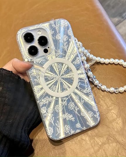 Compatible with iPhone 15 Pro Cases,Cute Flower Phone case with Floral Pearl Chain,Compatible MagSafe Silicone Shockproof Phone case for Women and Teenage Girls.