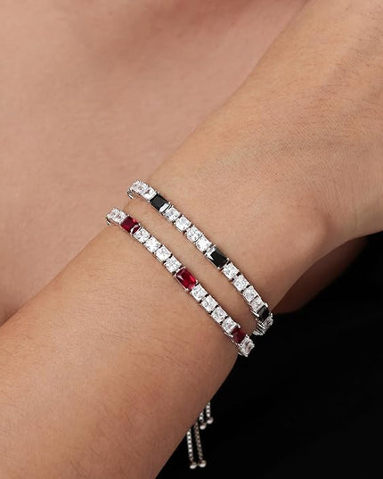 FANCIME Birthstone Bracelet for Women, Sterling Silver 4x6mm Gemstone Tennis Bracelet Bolo Adjustable Chain Fine Jewelry Birthday Gifts for Women Mom Wife Her
