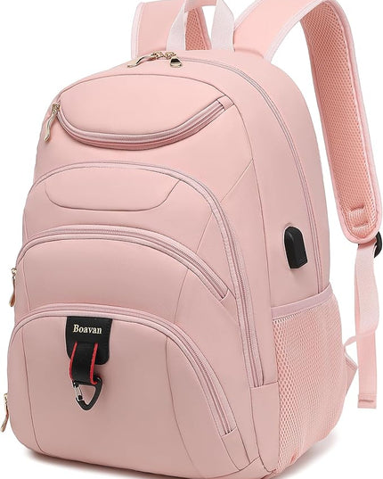 Boavan Laptop Backpack for women, 15.6 inch Laptop Bag with USB Port, Waterproof Travel Work Backpack Purse, Anti-Theft Teacher Nurse Doctor Casual Bookbags Office Business backpack，Pink