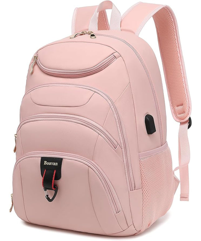 Boavan Laptop Backpack for women, 15.6 inch Laptop Bag with USB Port, Waterproof Travel Work Backpack Purse, Anti-Theft Teacher Nurse Doctor Casual Bookbags Office Business backpack，Pink