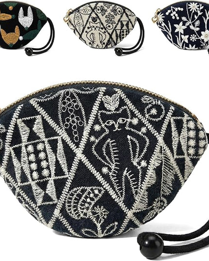Embroidered Small Coin Purse for Women Girl,Vintage Cute Wallet Zipper Pouch,Handmade Aesthetic Oval Change Purse for Coins,Air-Tag,Small Jewelry Key with Pull-Out Key Ring