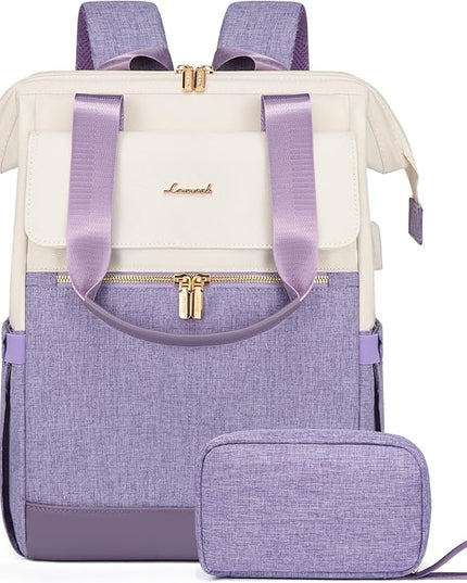 LOVEVOOK Laptop Backpack for Women, 15.6 Inch Work Laptop Bag with USB Port, Fashion Teacher Nurse Backpack Purse, Waterproof Travel Computer Backpack with Organizer Bag, 2PCS, Beige-Light Purple