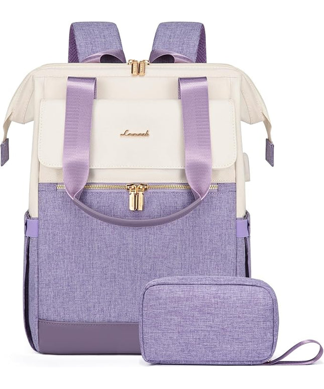 LOVEVOOK Laptop Backpack for Women, 15.6 Inch Work Laptop Bag with USB Port, Fashion Teacher Nurse Backpack Purse, Waterproof Travel Computer Backpack with Organizer Bag, 2PCS, Beige-Light Purple
