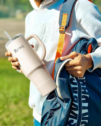 Renoj Tumbler with Handle 100% Spill Resistant Insulated Water Bottle for Iced Coffee & Hot Drinks - Fits Car Cup Holder, Ideal Gift, 2 Straws & Silicone Boot BPA-Free - FlexSlide White 32 oz
