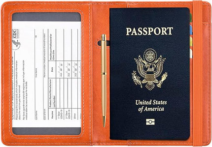 HerriaT Passport and Vaccine Card Holder Combo,Cover Case with CDC Vaccination Card Slot, Leather Travel Documents Organizer Protector, with RFID Blocking, for Women and Men