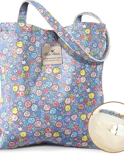 Aesthetic Cotton Tote Bag for Women - Reusable Shoulder Bag with Buckle Fabric Bag for Gym, Travel, Work
