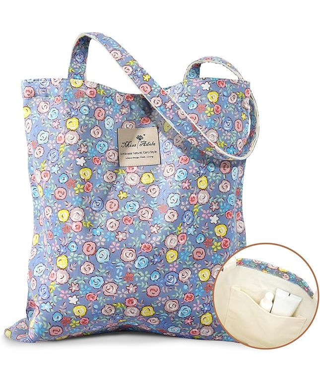 Aesthetic Cotton Tote Bag for Women - Reusable Shoulder Bag with Buckle Fabric Bag for Gym, Travel, Work
