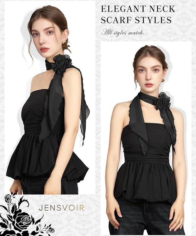 Chiffon Scarf for Women, Removable Flower Neck Scarf Light Soft Fashion Rose Scarves Versatile Headband or Hair Band