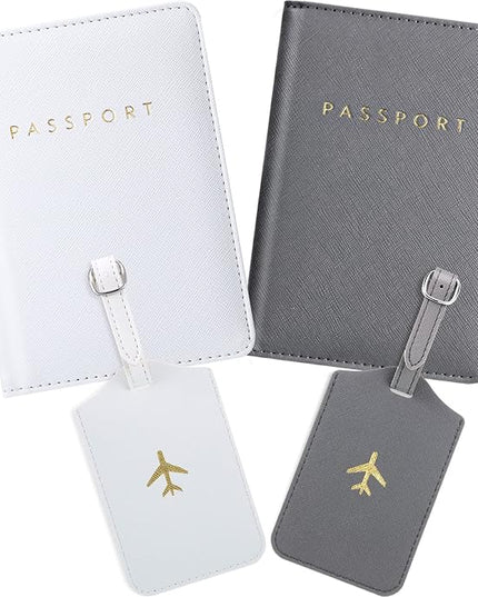 Weewooday 2 Set Mr and Mrs Passport Covers Holder and Luggage Tags Cute Leather Wallets Holder Travel Luggage Tags for Women Men Gift(White, Gray)