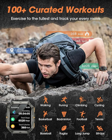 Military Smart Watches for Men (Answer/Make Calls), Watches for Men with Blood Pressure/Heart Rate/Sleep/100+ Sport Modes, 2.02'' Fitness Smart Watch, Waterproof Fitness Tracker for Android and iPhone