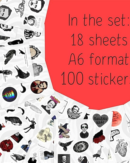 BulbaCraft 100Pcs Edgar Allan Poe Stickers for Water Bottle and Laptop - Edgar Allan Poe Party Supplies & Decorations, Waterproof Vinyl Decals, Literature and Gothic Stickers, Gifts for Women & Men