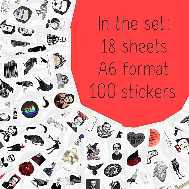 BulbaCraft 100Pcs Edgar Allan Poe Stickers for Water Bottle and Laptop - Edgar Allan Poe Party Supplies & Decorations, Waterproof Vinyl Decals, Literature and Gothic Stickers, Gifts for Women & Men