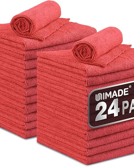 Microfiber Cleaning Cloth, 24 Pack Reusable Microfiber Towels for Cars Lint Free Cleaning Shop Towel Rags for Home Kitchen Automotive Bar Mechanic Restaurant Garage, 11"x 12", Red