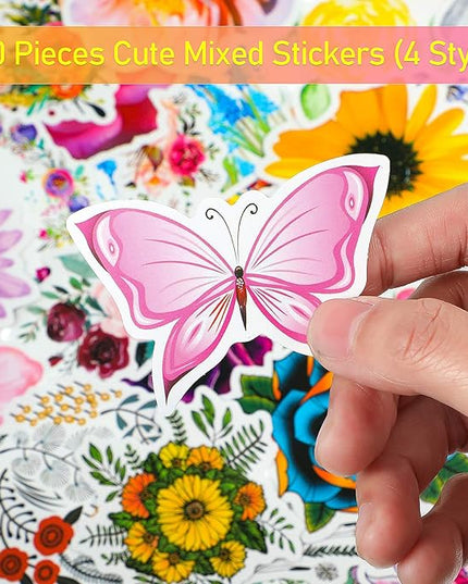 200 Pieces Mixed Butterfly Flower Stickers for Water Bottles Vinyl Waterproof Laptop Stickers Cute Decals Flower Gifts for Travel Luggage Skateboard Guitar Adults, 4 Styles