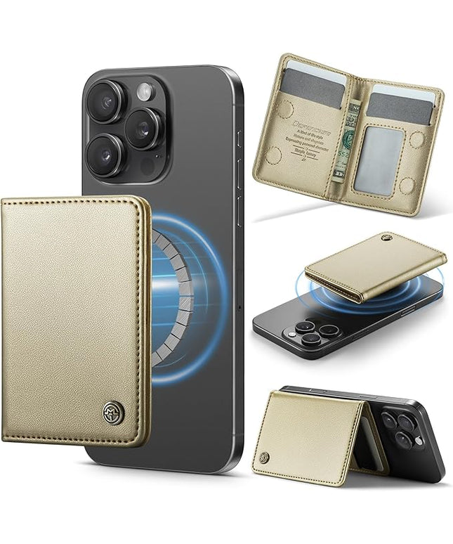 Defencase for Magsafe Wallet Magnetic Card Holder RFID Blocking, PU Leather Minimalist Phone Wallet for MagSafe Phones and Cases for iPhone 17/16/ 15/14/ 13/12/ Pro/Max/Plus/Air, Gold