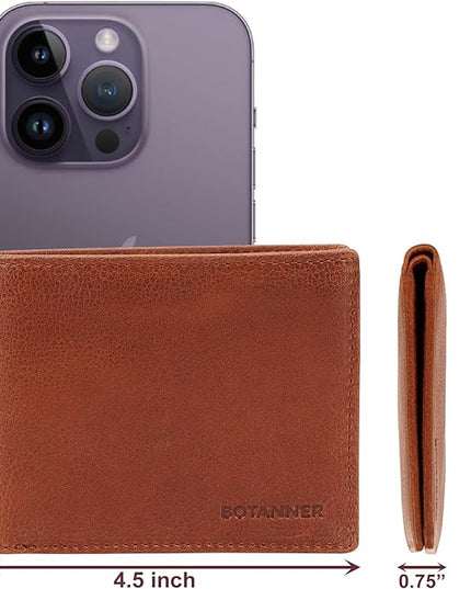 BOTANNER Mens Genuine Leather Bifold Wallet RFID Blocking 8 Credit Card Slots 2 Sections for Bills & 2 Additional Slots | Tan