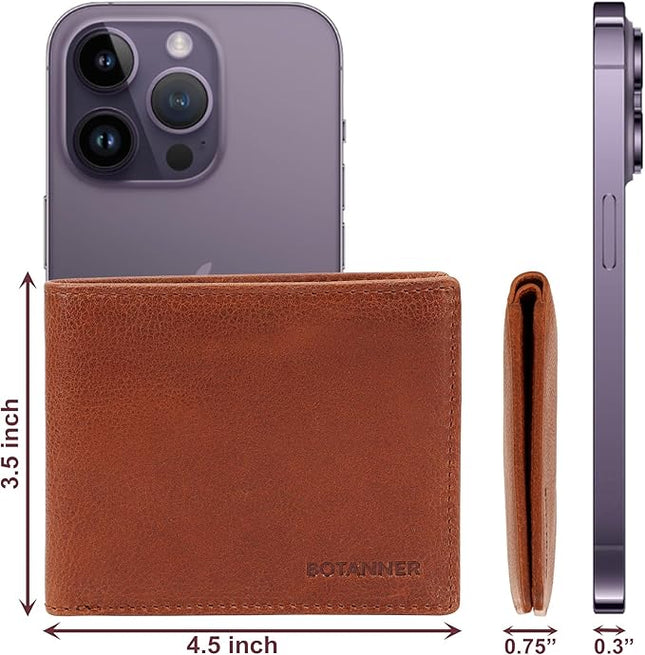 BOTANNER Mens Genuine Leather Bifold Wallet RFID Blocking 8 Credit Card Slots 2 Sections for Bills & 2 Additional Slots | Tan
