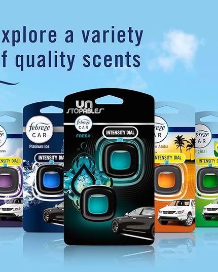 Febreze Car Air Freshener, Odor-Fighting Automotive Vent Clip, Scented Car Accessories, Long Lasting for Strong Odors, Unique Stocking Stuffer, Unstopables Fresh Scent, .07 fl oz, Blue, 4 Count