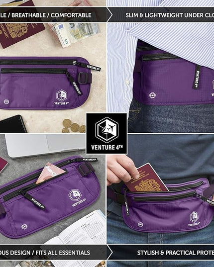 VENTURE 4TH Money Belt for Travel – Hidden Under-Clothes RFID Blocking Passport Holder & Slim Travel Wallet Pouch for Men & Women to Protect Cash, Cards & Documents (Purple)