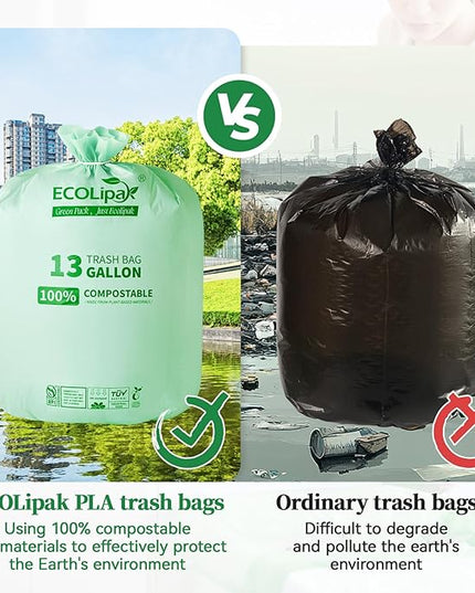 ECOLipak 13 Gallon Compostable Trash Garbage Bags, 50 Count (1 Roll) Biodegradable Heavy Duty Bathroom Kitchen Trash Bags for Home/Office, US BPI ASTM D6400 and OK Compost Home Certified