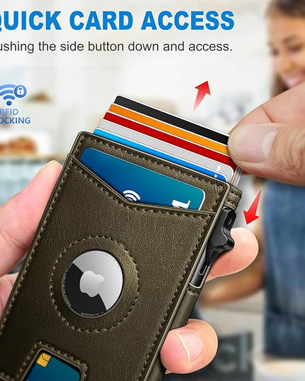 miyozi Airtag Wallet for Men Money Clip 9-Card Pop-Up Credit Card Holder with ID Window RFID Blocking Metal Case Magnetic Closure Front Pocket Wallet Gift Box