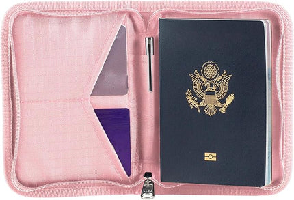 Zero Grid Passport Holder & Travel Wallet with RFID Blocking, Premium Document Organizer for Men & Women, Holds Passports, Cards, Tickets, ID & Cash, Compact Zippered Wallet - Rose Pink