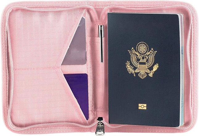Zero Grid Passport Holder & Travel Wallet with RFID Blocking, Premium Document Organizer for Men & Women, Holds Passports, Cards, Tickets, ID & Cash, Compact Zippered Wallet - Rose Pink