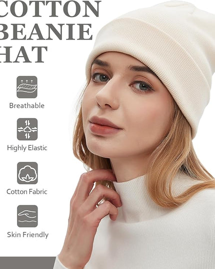 100% Cotton Beanies for Men Women Cotton Hats Soft Warm Unisex Cuffed Plain Skull Hat Autumn Winter Slouchy Knitted Cap